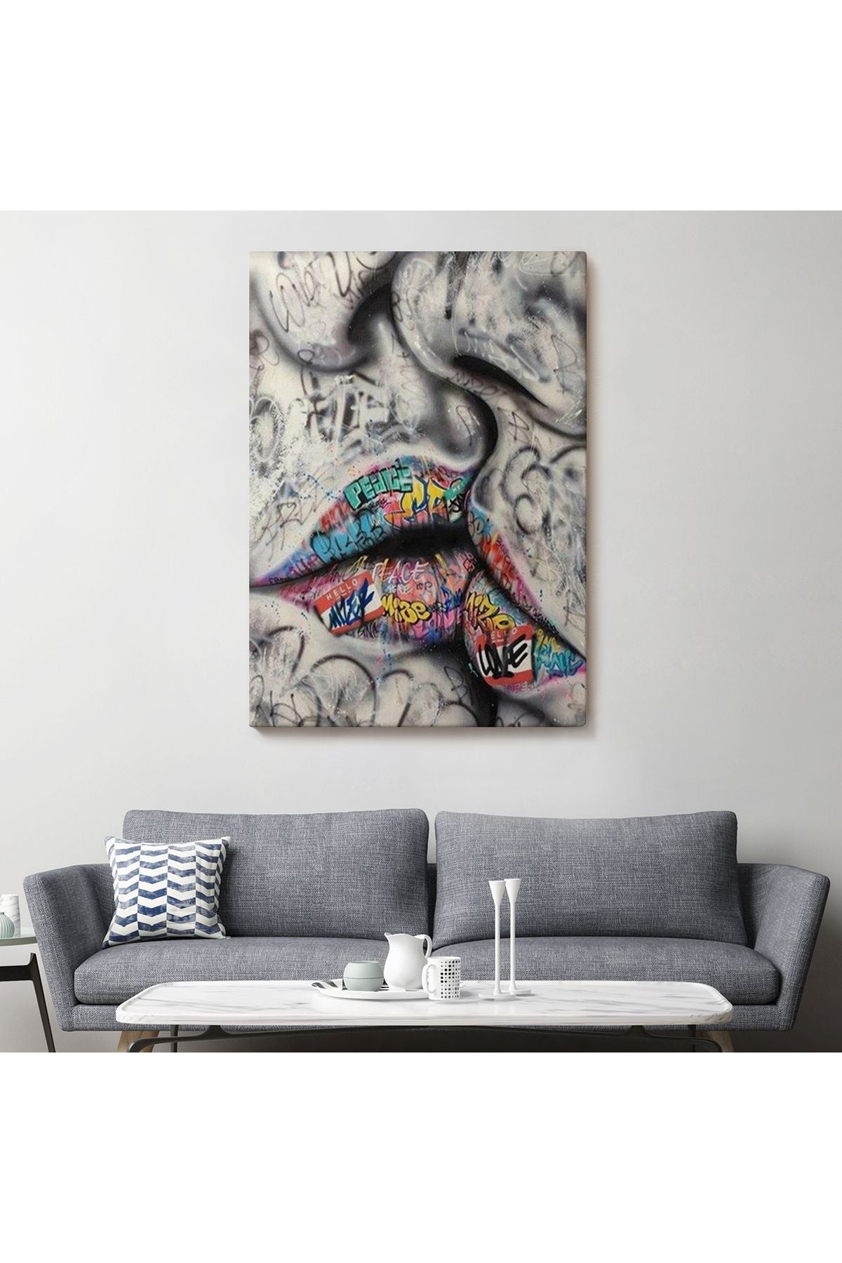 Öpüşme Kanvas Duvar Sanatı, Öpüşme Banksy Tarzı Graffiti Sokak Kanvas Tablo-5313