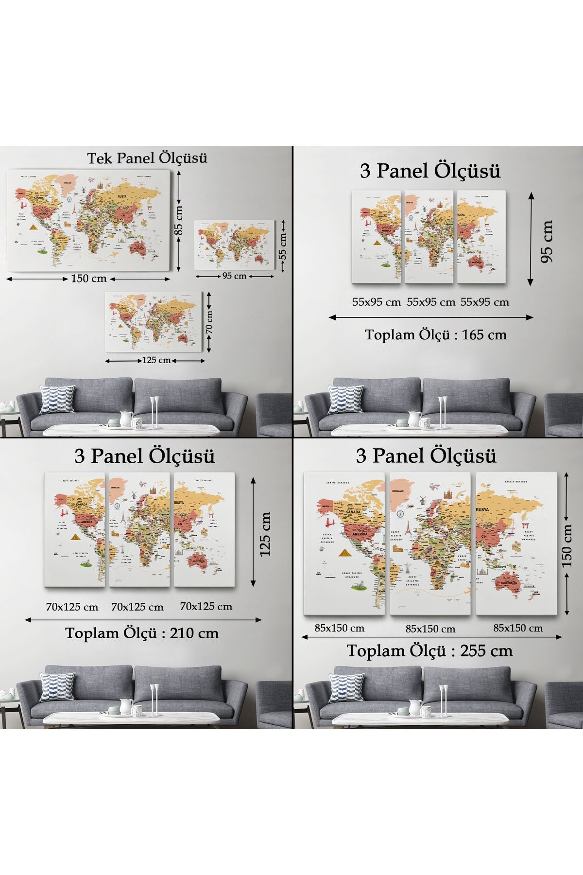 Türkçe Dünya Haritası Son Derece Ayrıntılı Eğitici ve Sembollü Kanvas Tablo 3206