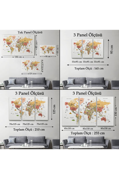 Türkçe Dünya Haritası Son Derece Ayrıntılı Eğitici ve Sembollü Kanvas Tablo 3206