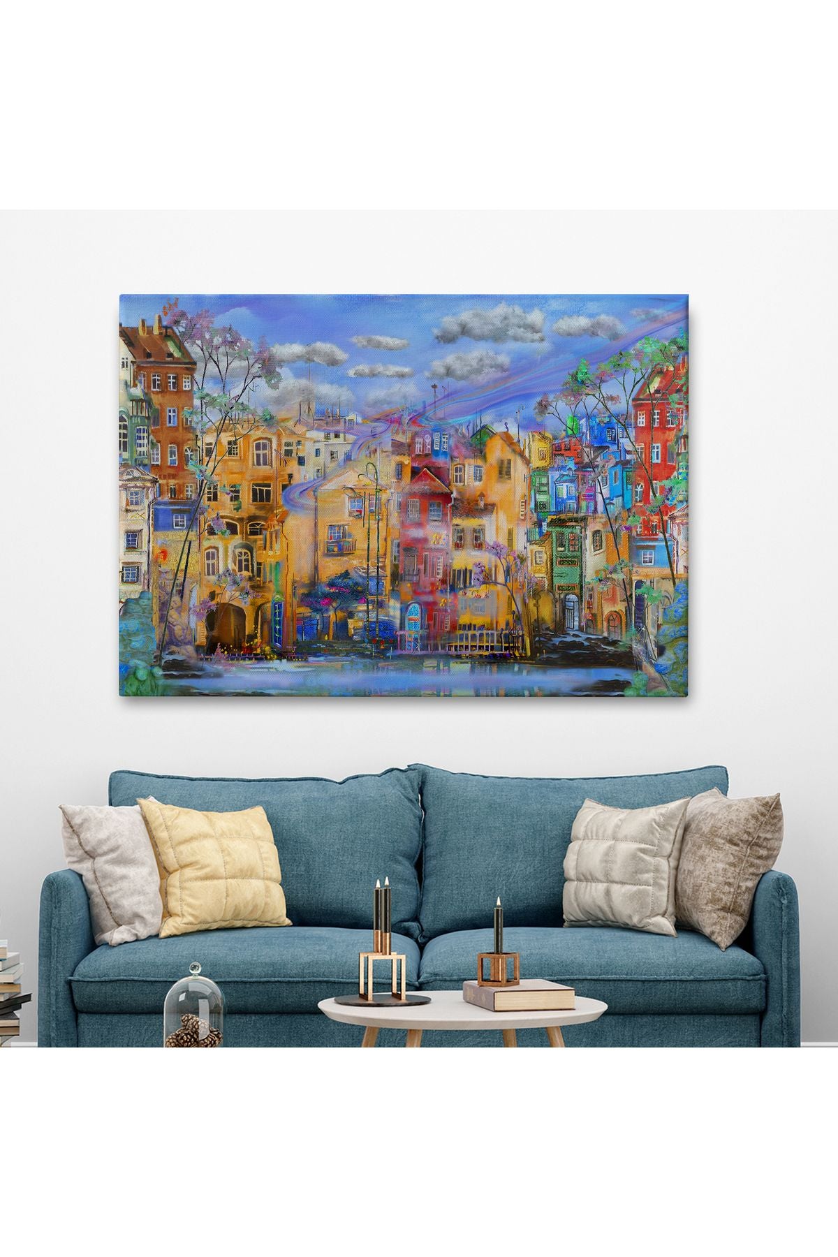 Eski Avrupa Kasabası Yağlıboya Görünüm Dekoratif Kanvas Tablo-3536