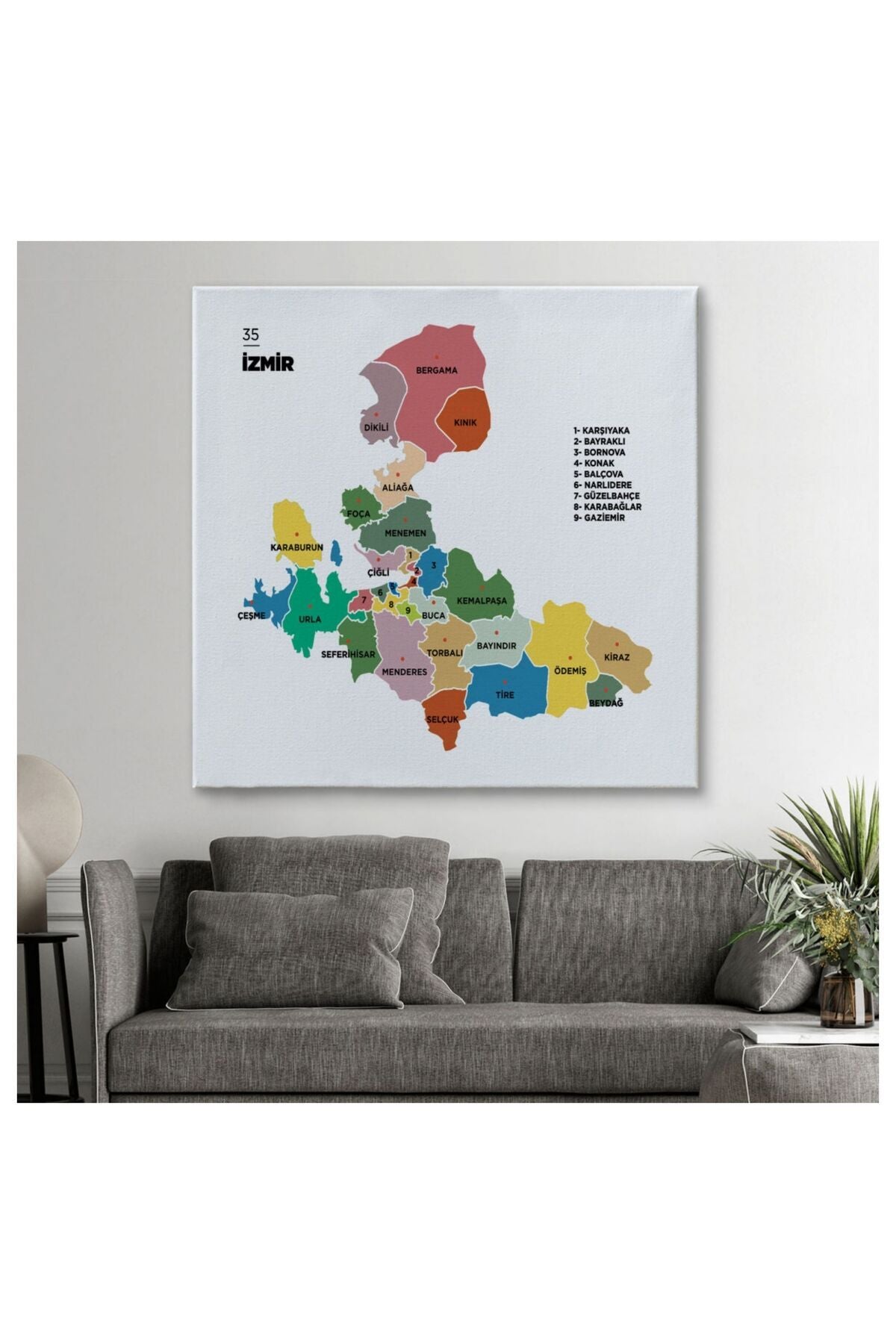 Kanvas, Duvar Tablosu, Dekoratif, İl ve İlçeler Haritası İzmir, Modern 1368 EGKNV