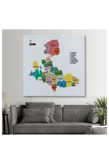 Kanvas, Duvar Tablosu, Dekoratif, İl ve İlçeler Haritası İzmir, Modern 1368 EGKNV