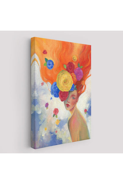 YB Çiçek Saçlı Kadın Yağlıboya Görünüm Dekoratif Kanvas Duvar Tablosu-5942