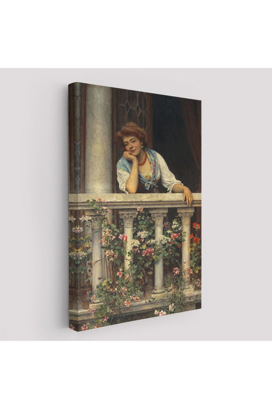 Çiçekli Balkonda Sevgilisini Bekleyen Güzel Kadın Tablosu-6205