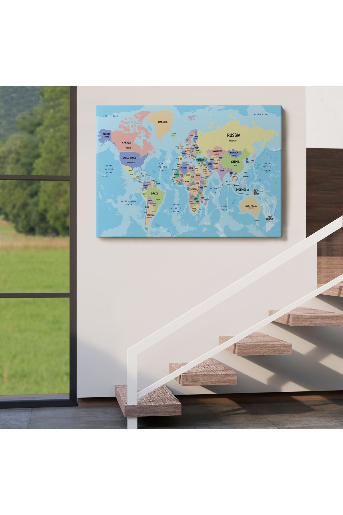 Dekoratif Duvar Tablosu-Ülke Başkentli Okyanuslu İngilizce Dünya Haritası Kanvas Tablo 2233