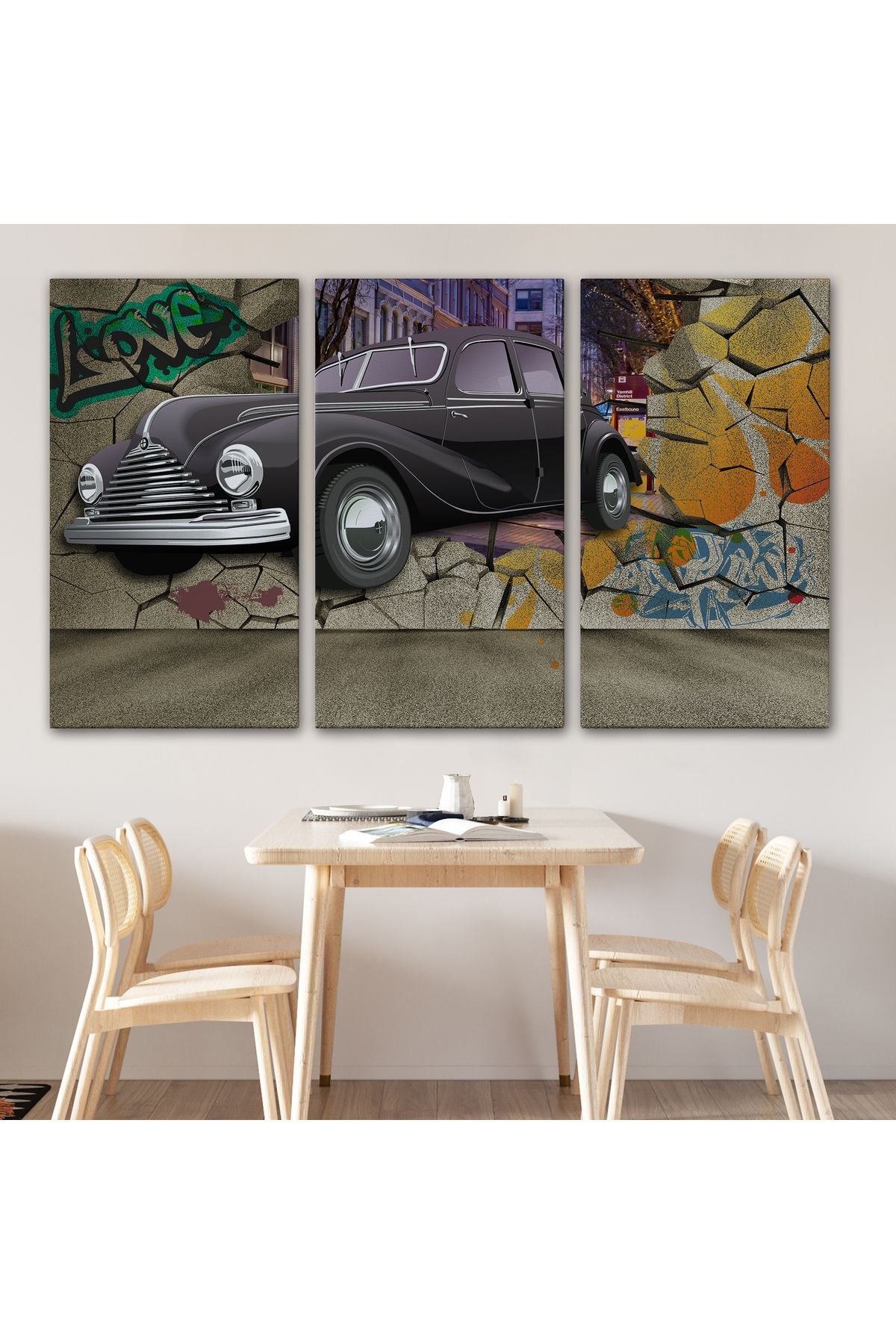 Duvardan Fırlayan Klasik Araba Dekoratif Kanvas Duvar Tablosu-3631