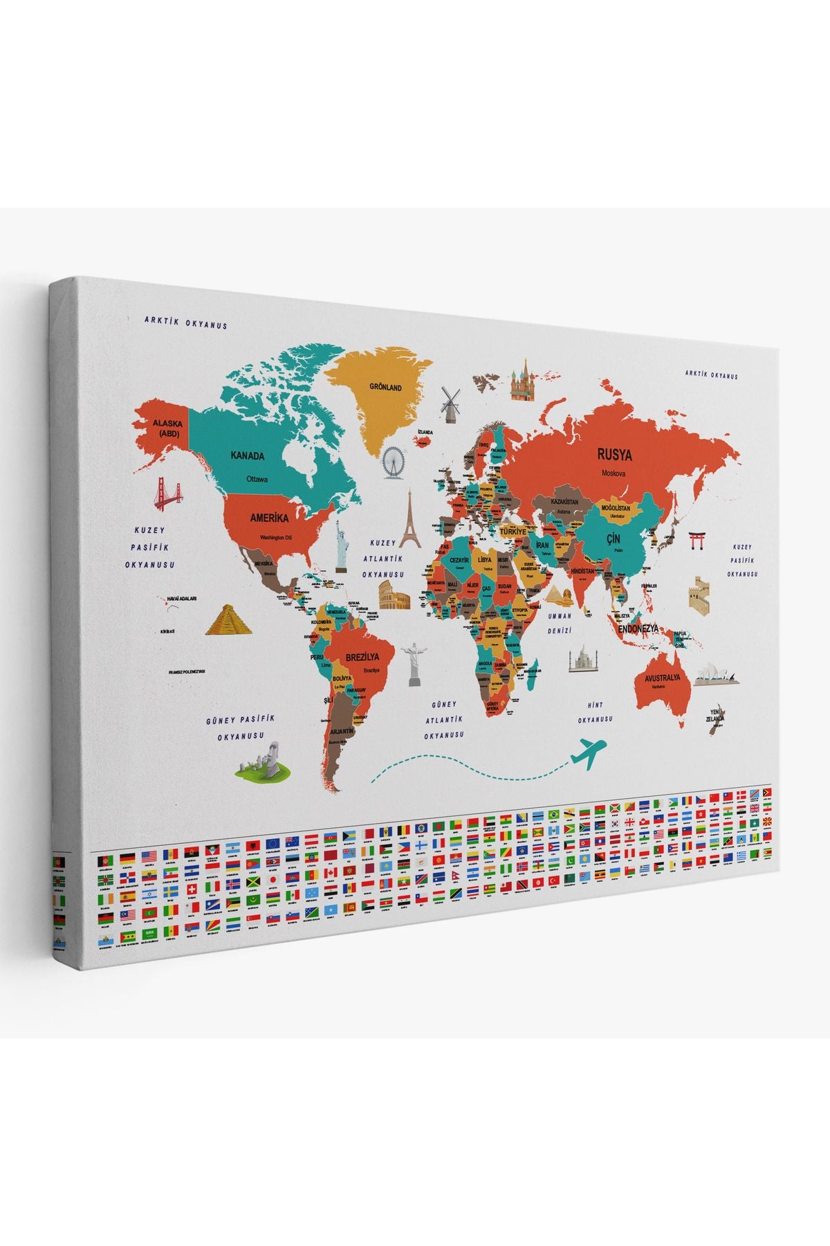 YB HG Türkçe Dünya Haritası Ülke Bayrak ve Başkentli Kanvas Tablo 1922