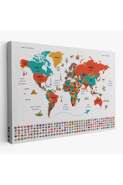 YB HG Türkçe Dünya Haritası Ülke Bayrak ve Başkentli Kanvas Tablo 1922