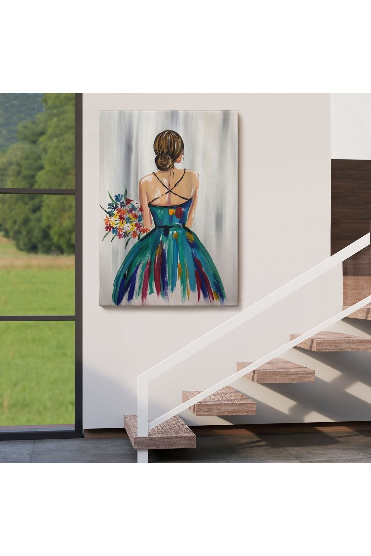 Renkli Çiçekli Kadın Dekoratif Duvar Tablosu -6257