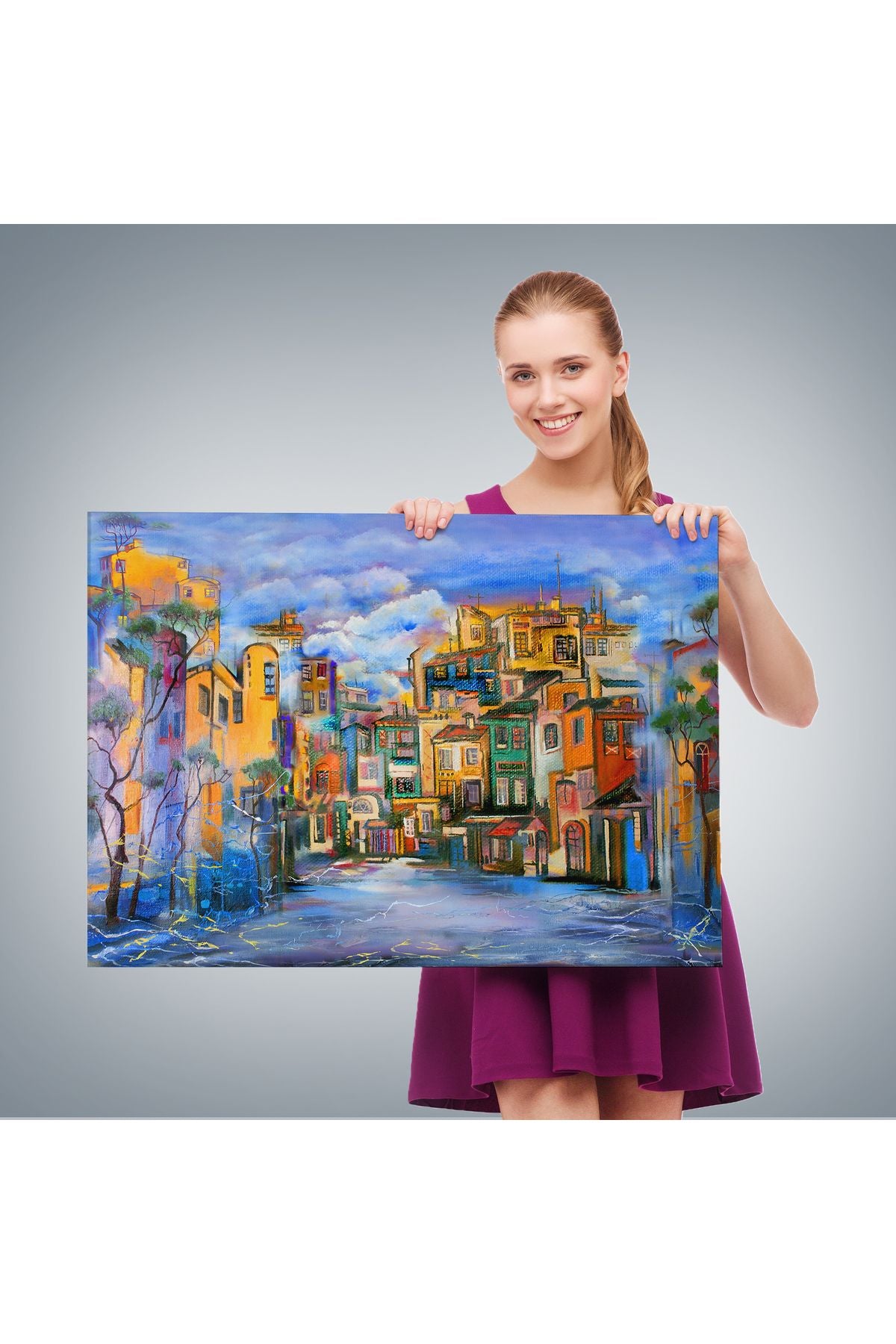 Bulutlu Avlu Yağlıboya Görünüm Dekoratif Kanvas Duvar Tablosu-3451