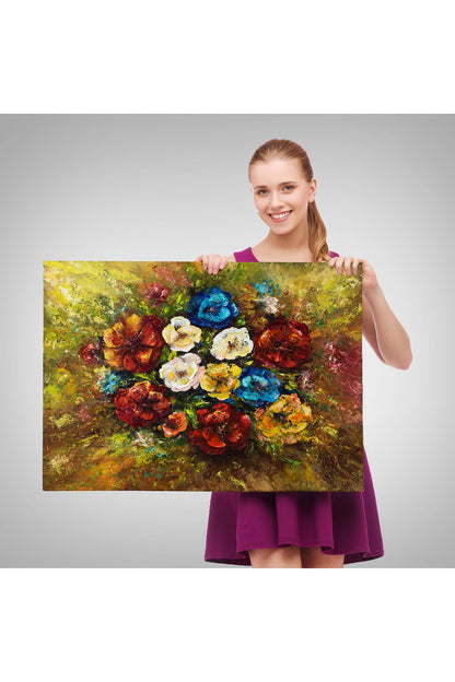 Çiçek Buketi Yağlıboya Görünüm Dekoratif Kanvas Duvar Tablosu-3515