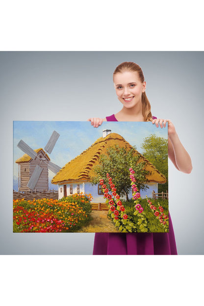 Köy Evi Manzarası Yağlıboya Görünüm Dekoratif Kanvas Duvar Tablosu-3654