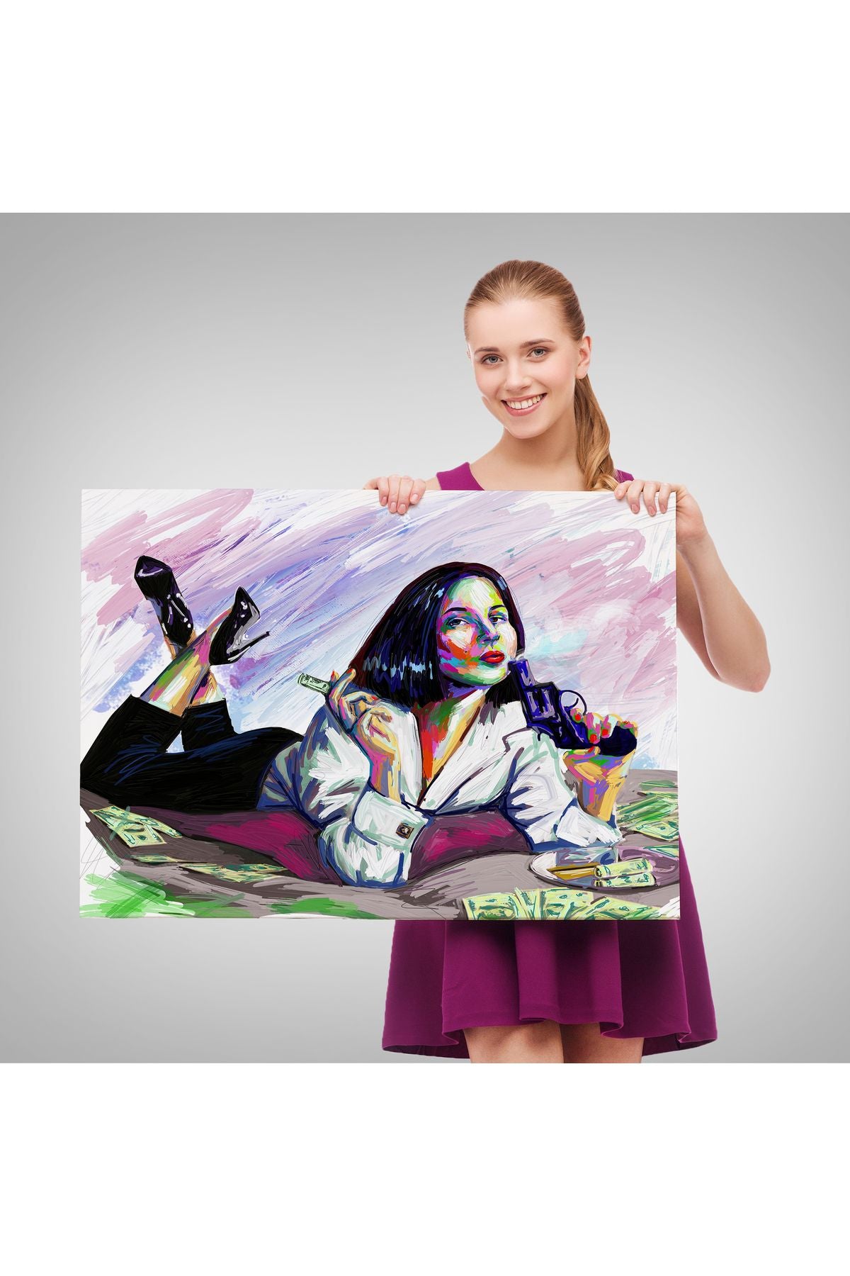 Silahlı Gangster Kız Pop Art Dekoratif Duvar Tablosu-3530