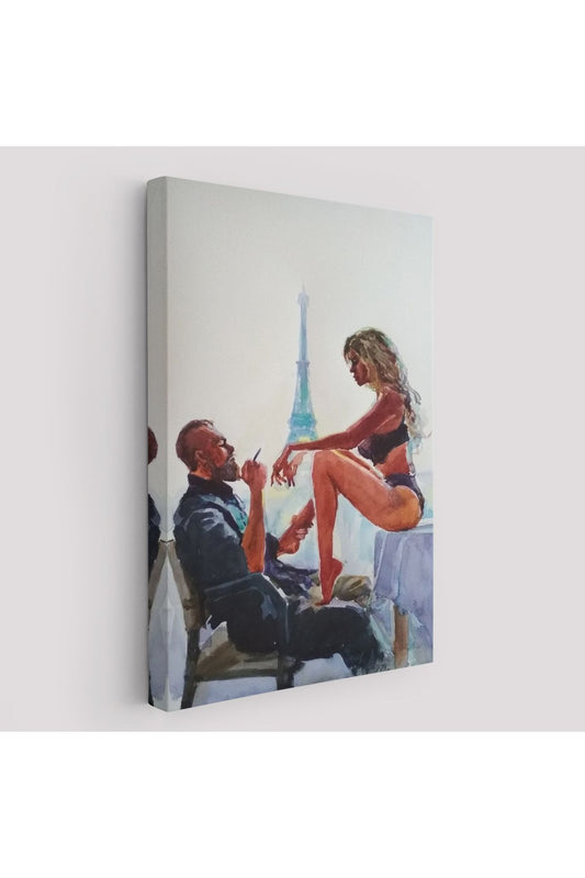 Paris Eyfel Manzaralı Sevgililer Suluboya Görünümlü Duvar Tablosu-6298