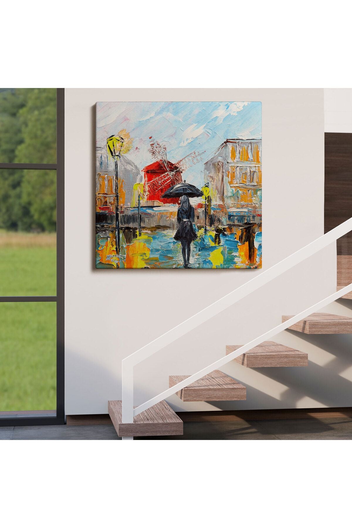Paris de Yağmur da Yürüyen Kadın Yağlıboya Görünüm Dekoratif Kanvas Duvar Tablosu-5844