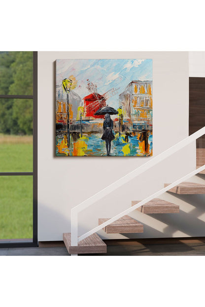 Paris de Yağmur da Yürüyen Kadın Yağlıboya Görünüm Dekoratif Kanvas Duvar Tablosu-5844