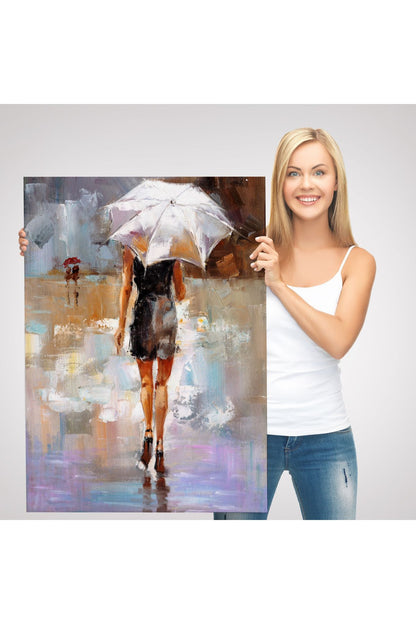 DB  Yağmurda Yürüyen Kadın Yağlıboya Görünüm Dekoratif Kanvas Duvar Tablosu-5928
