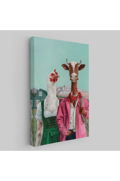 YB HG Tavuk ve İnek Amerikan Gotik Komik Çiftlik Tablosu-6349
