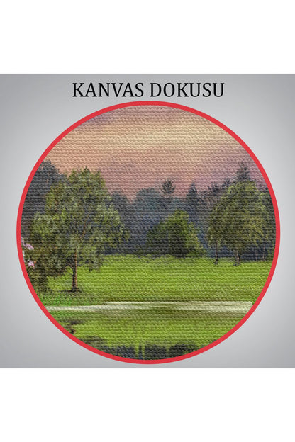 Göl Kıyısındaki Orman Evi Manzarası Yağlıboya Görünüm Dekoratif Kanvas Duvar Tablosu-3678