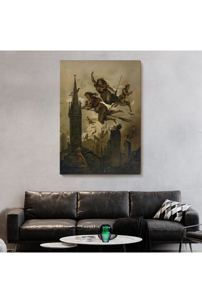 Süpürgelerindeki Cadılar Evlerinin Çatılarının Üzerinden Uçuyor Duvar Tablosu-6118