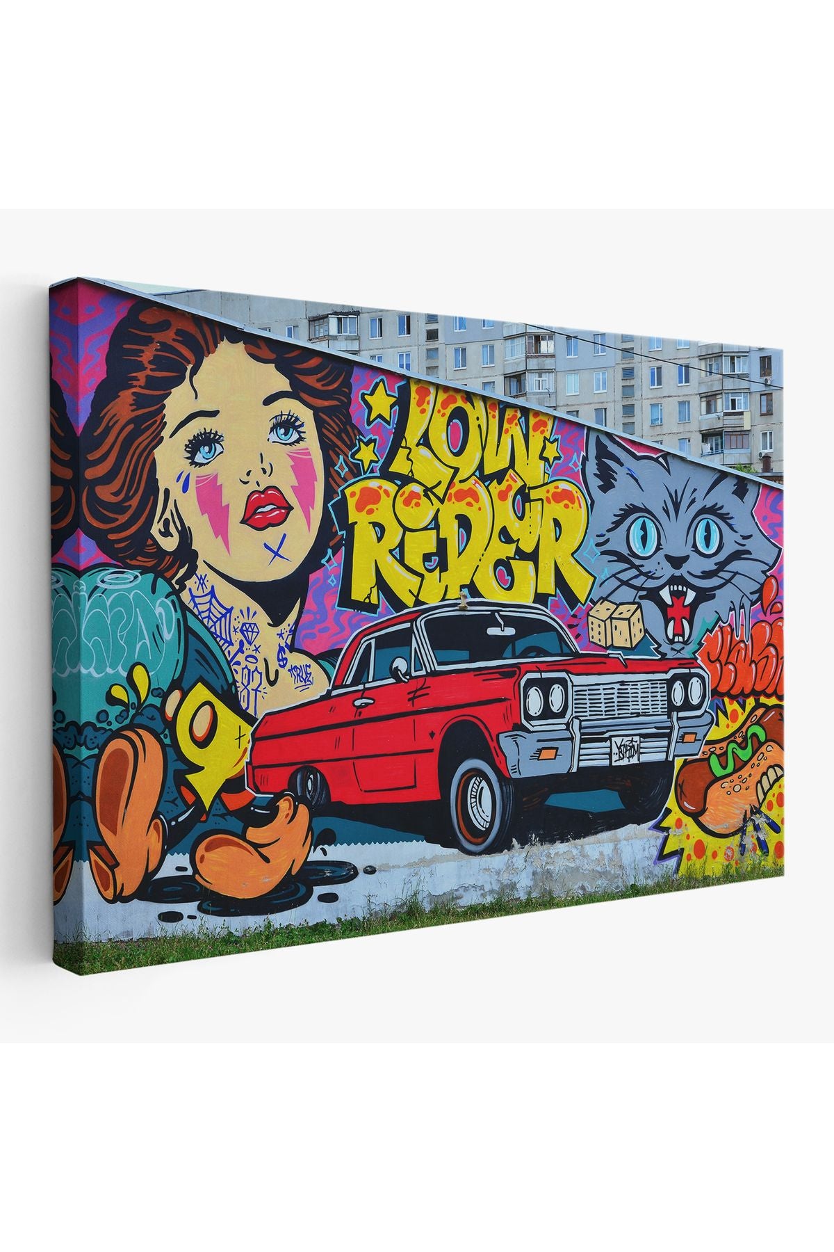 Grafiti İle Yapilmiş Retro Kırmızı Araba Kanvas Tablo-5027