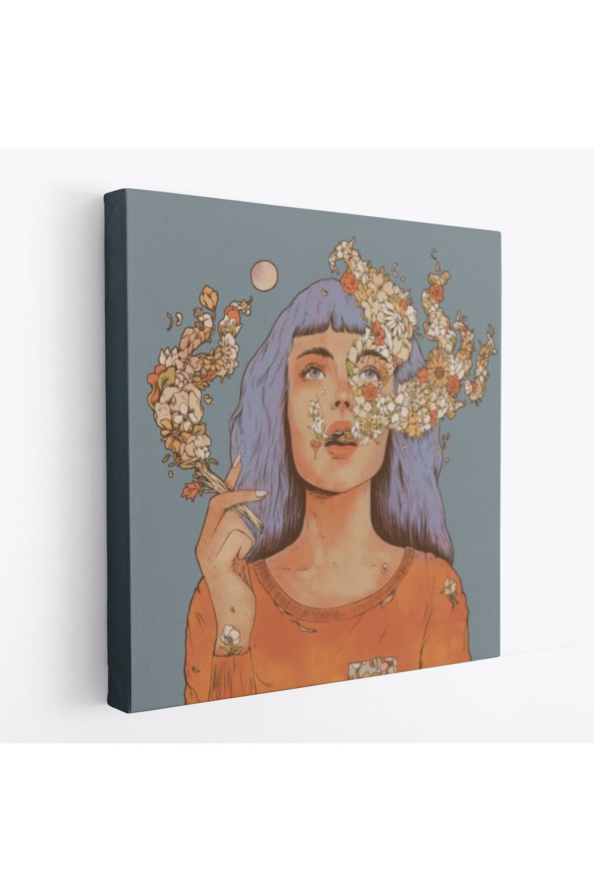 Sigara İçen Kadın Çiçek Detaylı Kanvas Tablo-5877