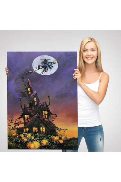 Süpürge İle Uçan Cadı ve Kedisi Cadılar Bayramı Helloven Duvar Tablosu -6078