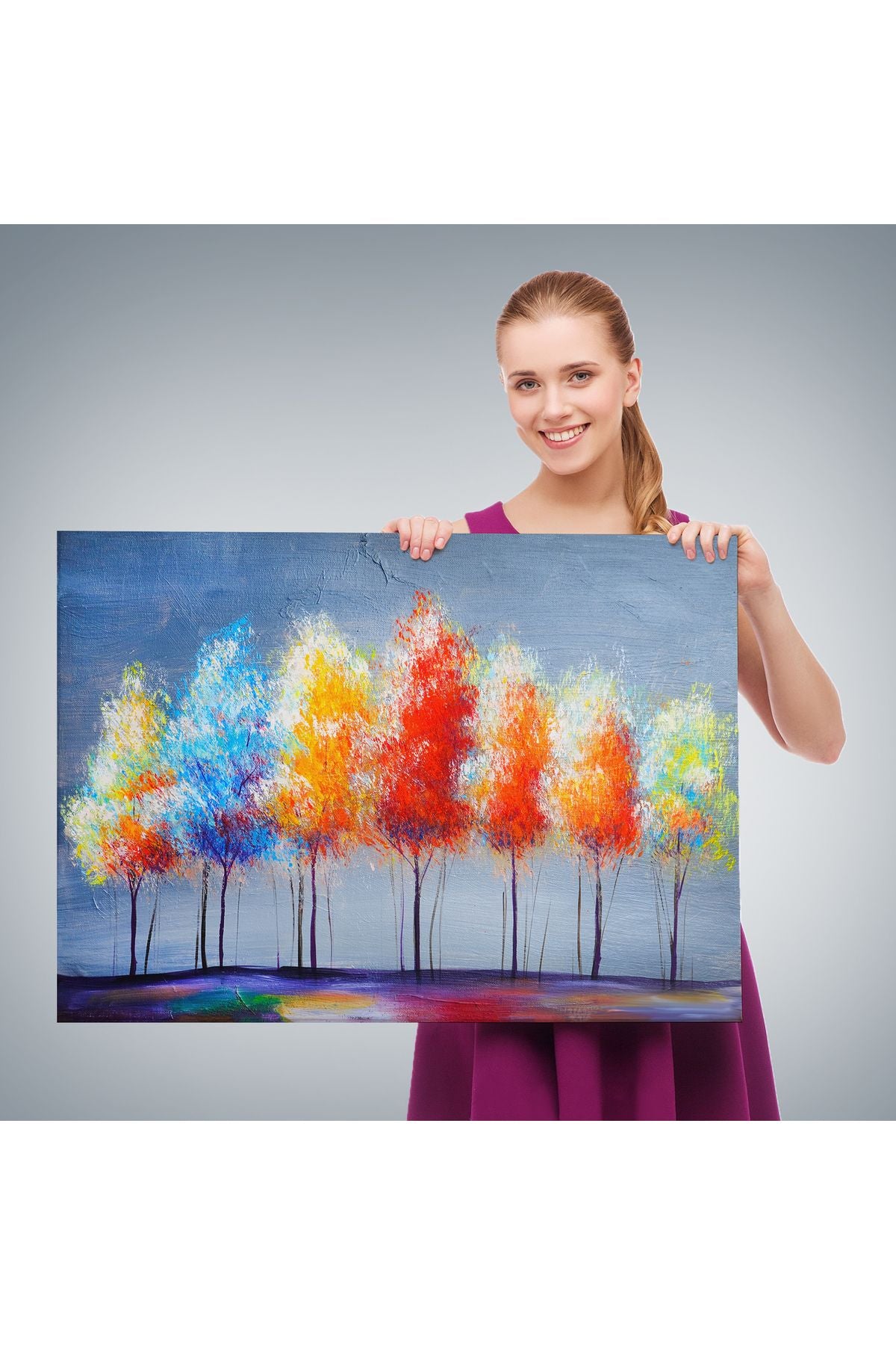 Renkli Ağaçlar Yağlıboya Görünüm Dekoratif Kanvas Duvar Tablosu-3656