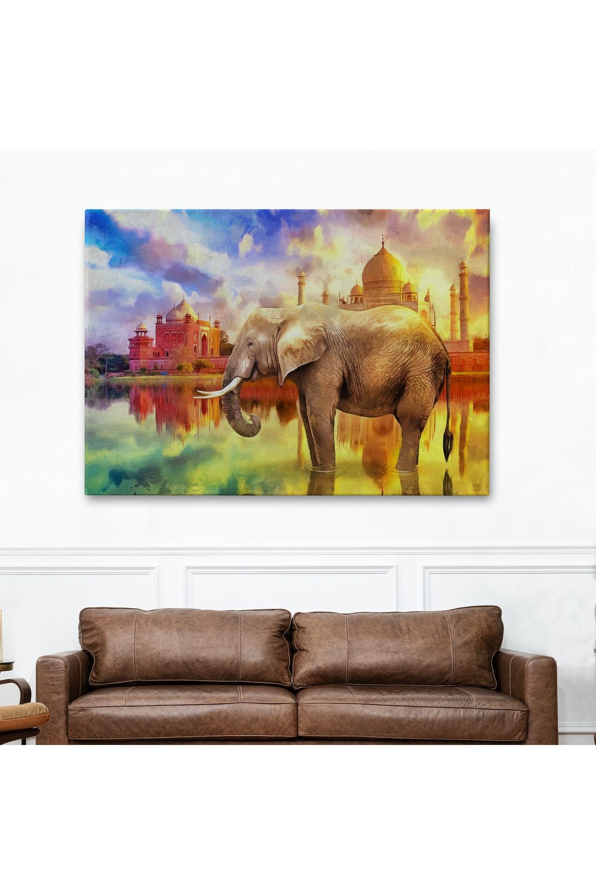Fil ve Taç Mahal Manzaralı Yağlıboya Görünüm Dekoratif Kanvas Duvar Tablosu-3716