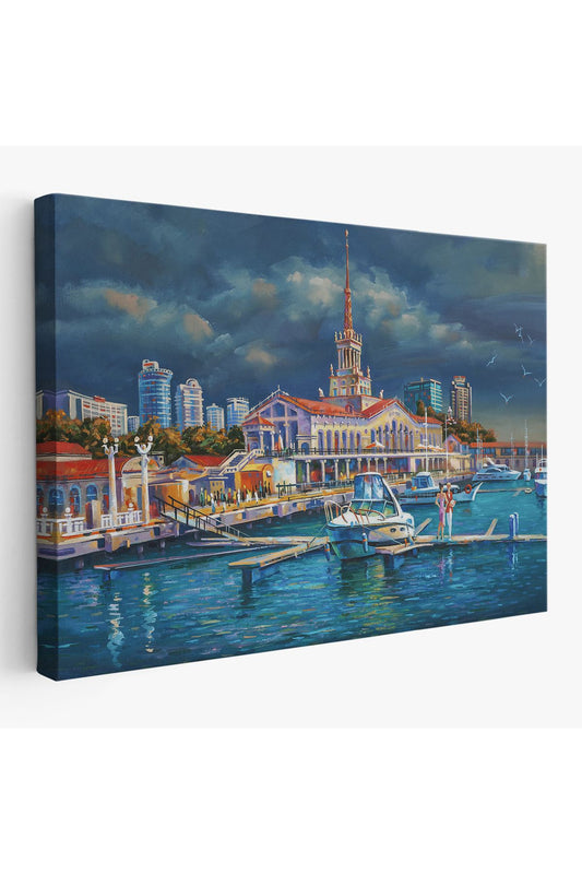 Soçhi Limanı Rusya Yağlıboya Görünüm Dekoratif Kanvas Duvar Tablosu-3604
