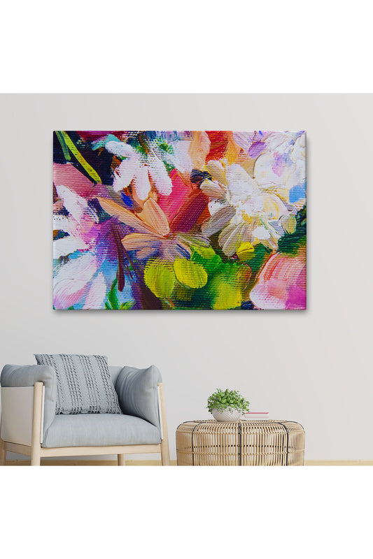 DB Renkli Çiçek Desenli Yağlıboya Görünüm Dekoratif Kanvas Duvar Tablosu-3566
