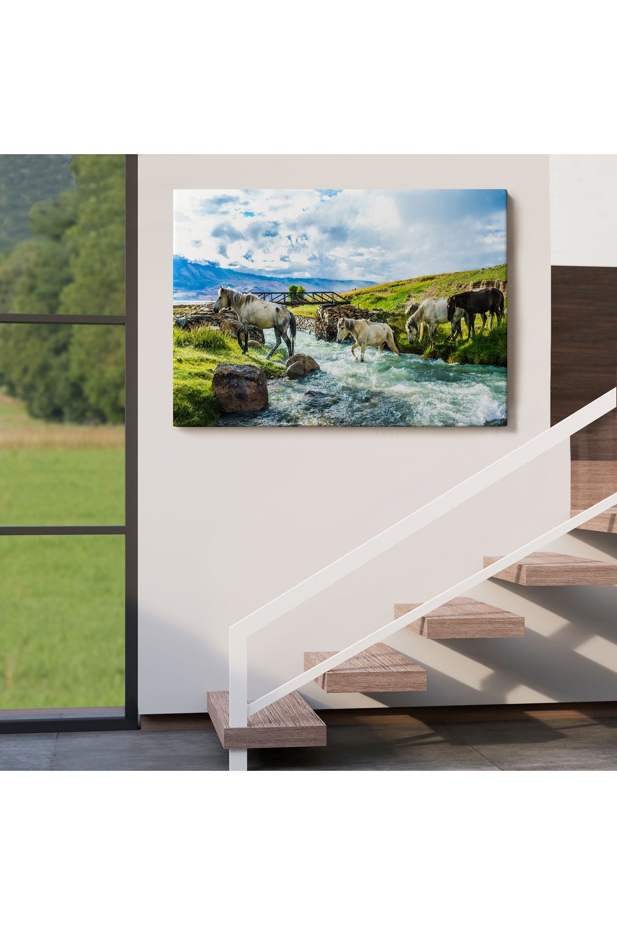 Dereden Geçen Atlar Manzaralı Dekoratif Kanvas Tablo 1169