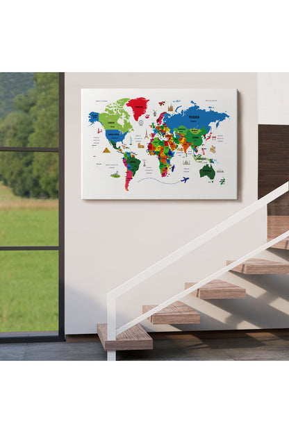Dünya Haritası Dekoratif Kanvas Tablo Ülke ve Başkentli Öğretici ve Sembollü 2331