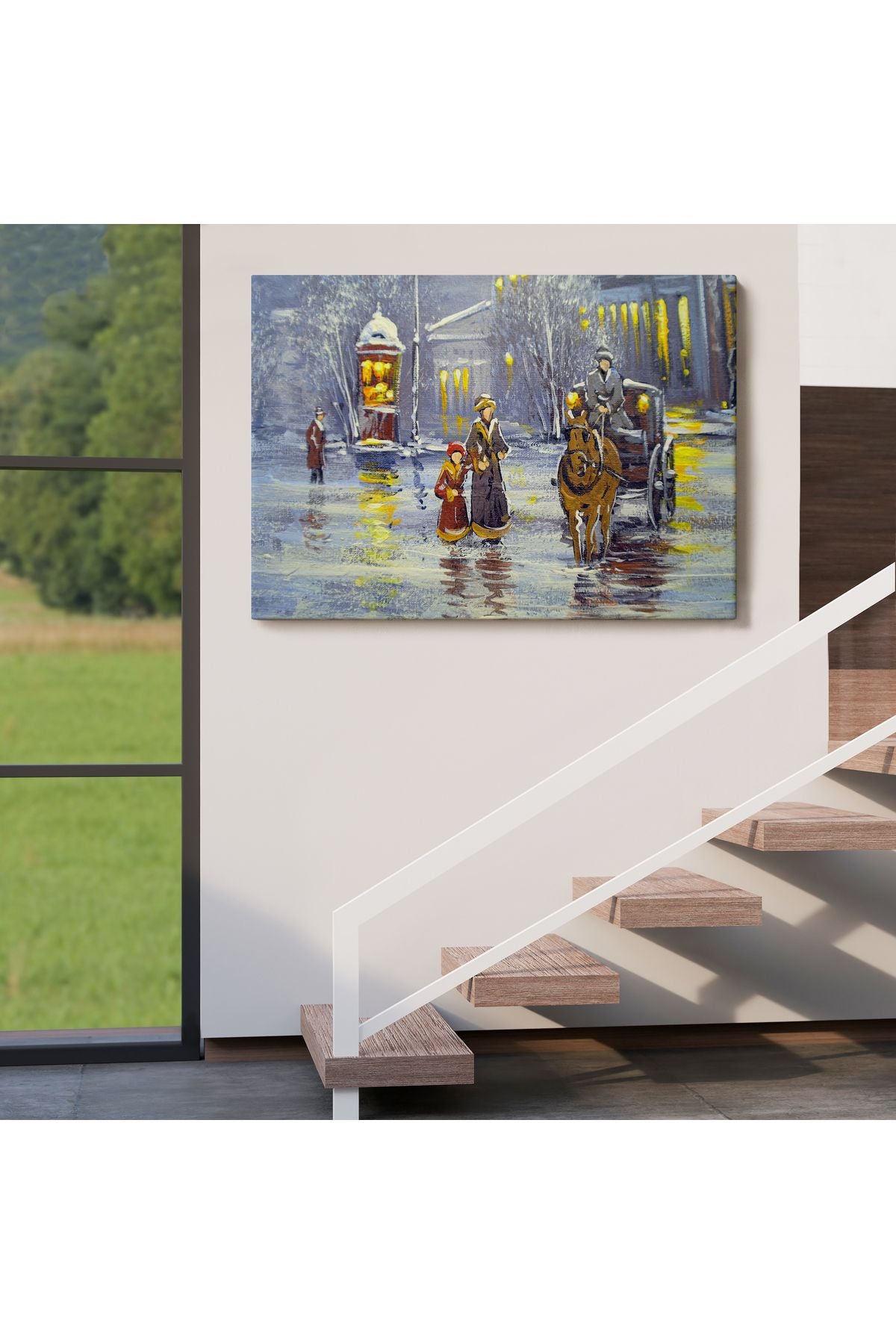 Eski Şehir ve At Arabası Yağlıboya Görünüm Dekoratif Kanvas Duvar Tablosu-3573