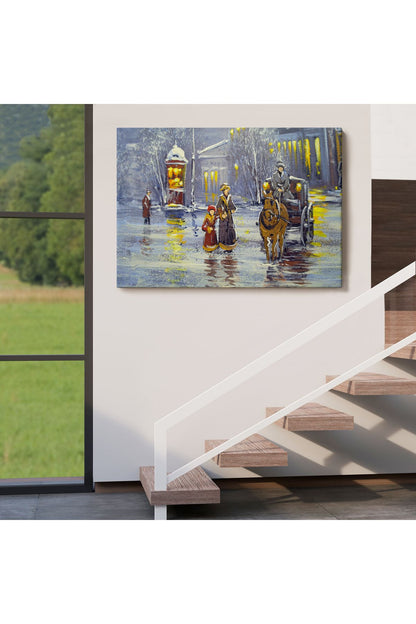 Eski Şehir ve At Arabası Yağlıboya Görünüm Dekoratif Kanvas Duvar Tablosu-3573