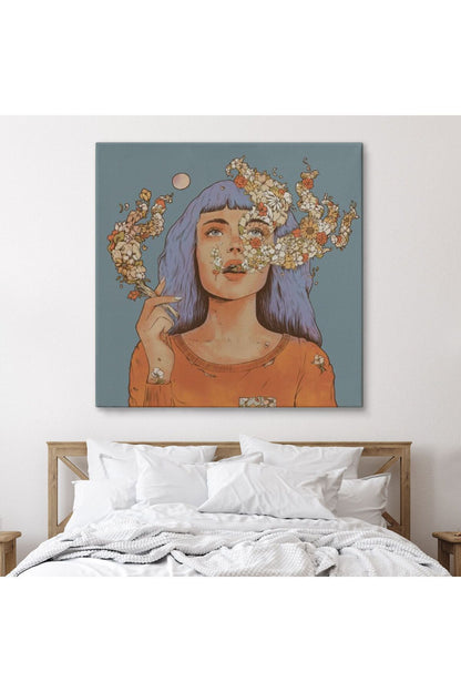 Sigara Içen Kadın Çiçek Detaylı Kanvas Tablo-5877