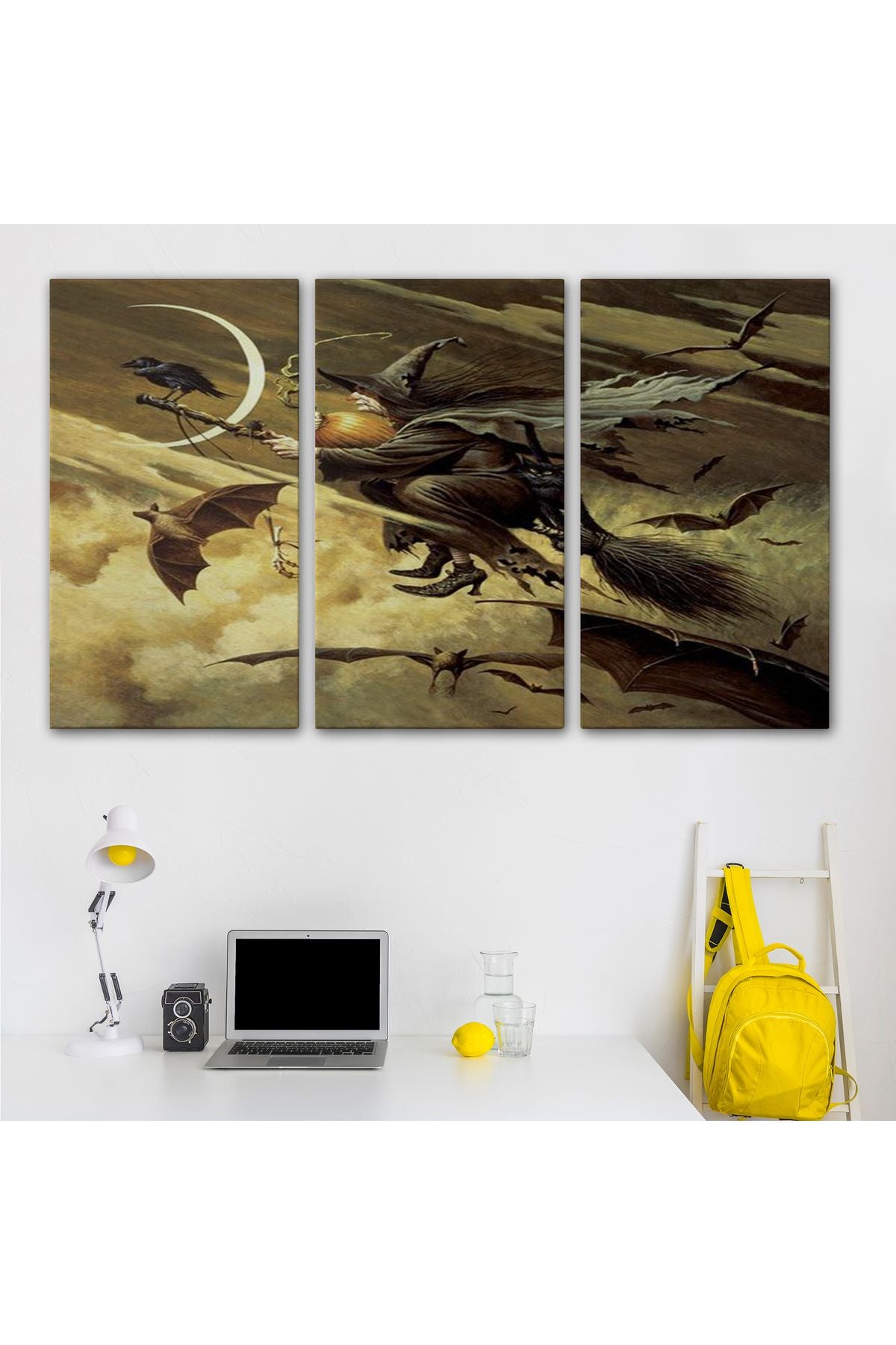 Süpürge İle Uçan Cadı ve Kedisi Cadılar Bayramı Helloven Duvar Tablosu -6559