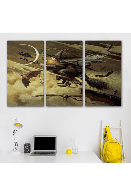 Süpürge İle Uçan Cadı ve Kedisi Cadılar Bayramı Helloven Duvar Tablosu -6559