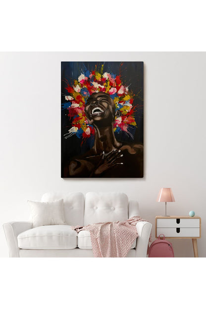 Yağlıboya Görünümlü Renkli Saçlı Gülen Siyahi Kadın Tablosu-6367