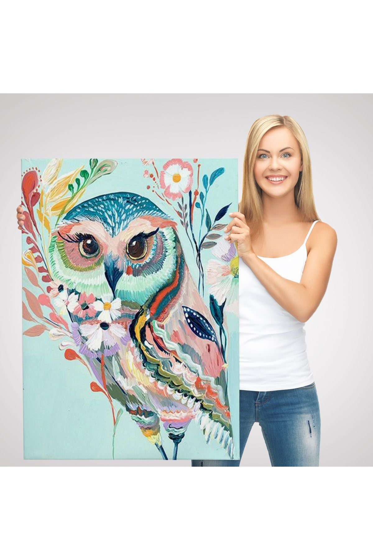 Çiçekler İçindeki Sanatsal Baykuş Tablosu-6208
