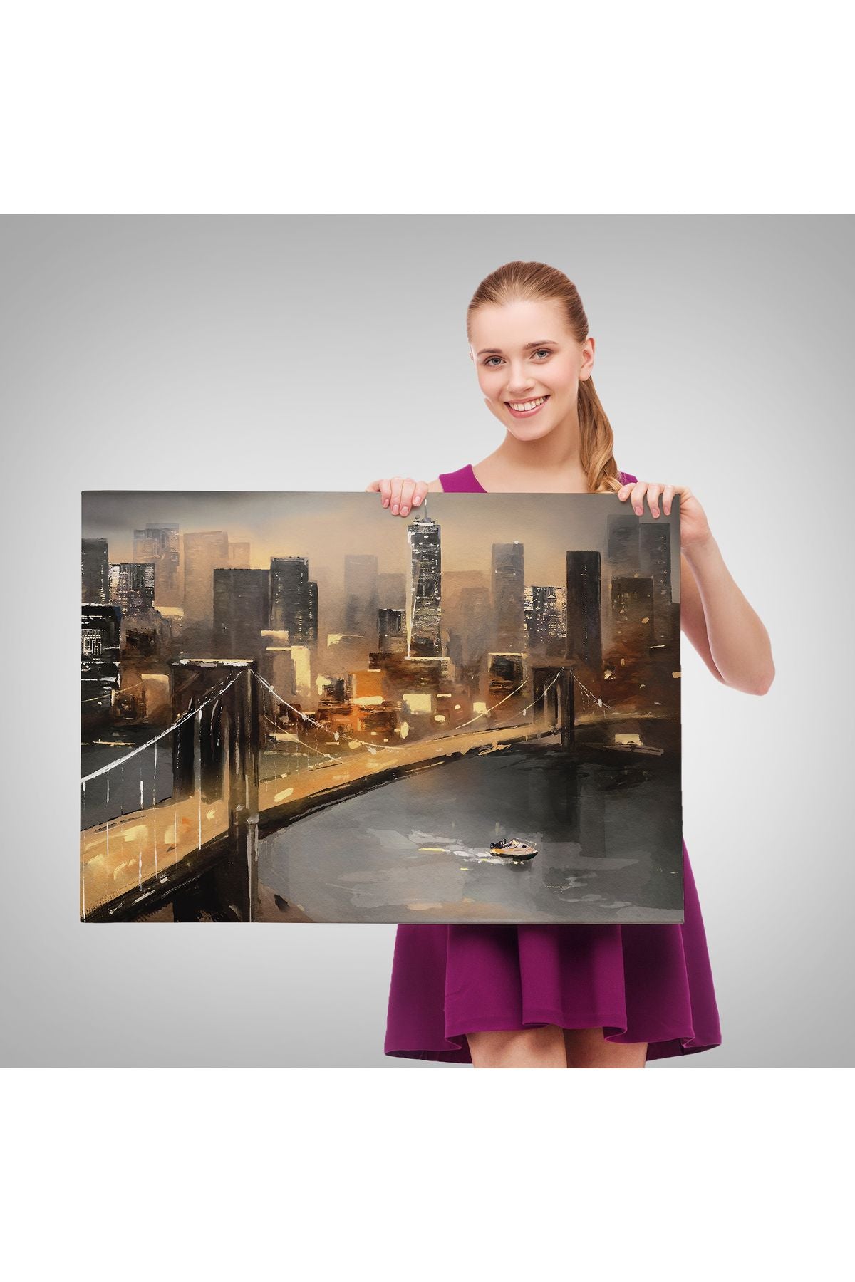 New York Nehir ve Köprü Manzarası Duvar Tablosu-3733