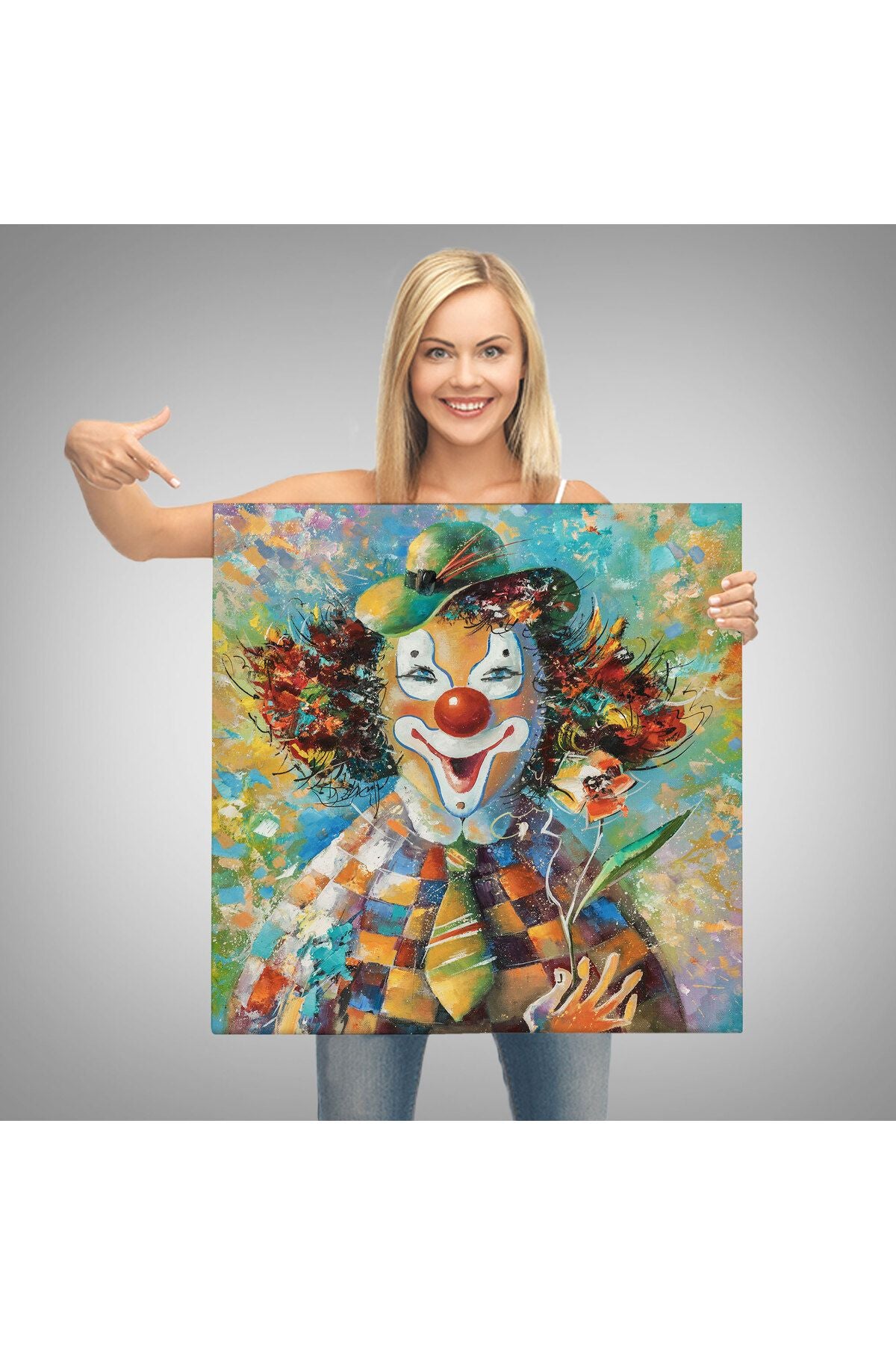 Bir Çiçekli Palyaço Yağlıboya Görünüm Dekoratif Kanvas Duvar Tablosu-5838