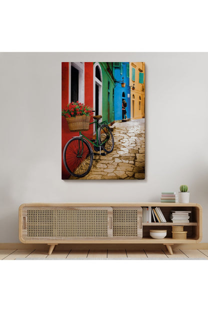 Sokaktaki Çiçekli Bisiklet Duvar Tablosu-6453