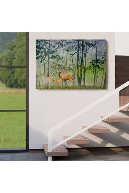 Geyik Ailesi Suluboya Görünüm Dekoratif Kanvas Duvar Tablosu-3648