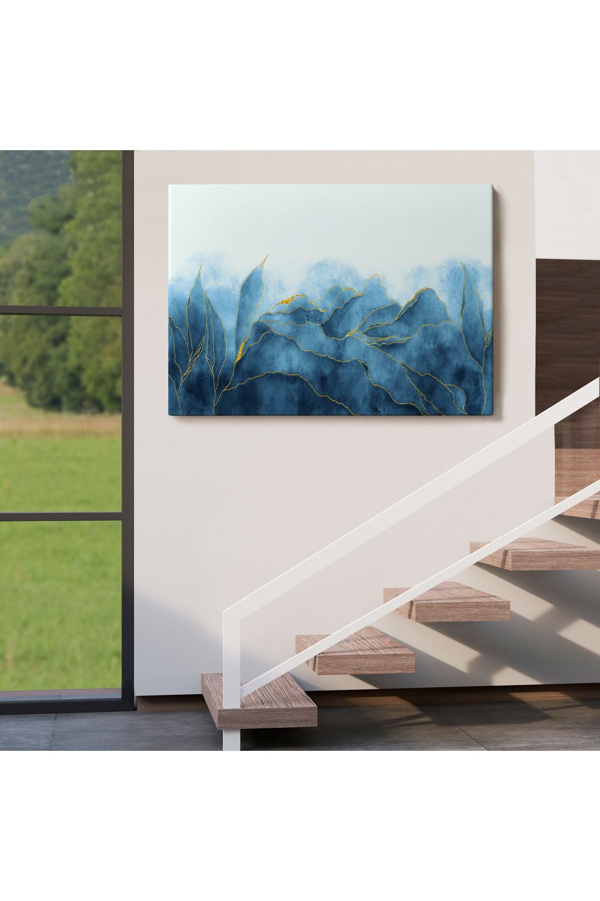 YB Altın Damarlı Soyut Mavi Mermer Taş Dokulu Kanvas Tablo-5042