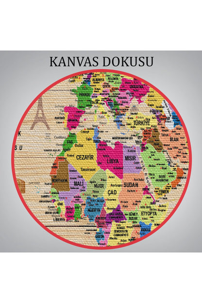 DB  Ahşap Görünümlü Türkçe Dünya Haritası Sembollü Eğitici Dekoratif Kanvas Tablo 2911