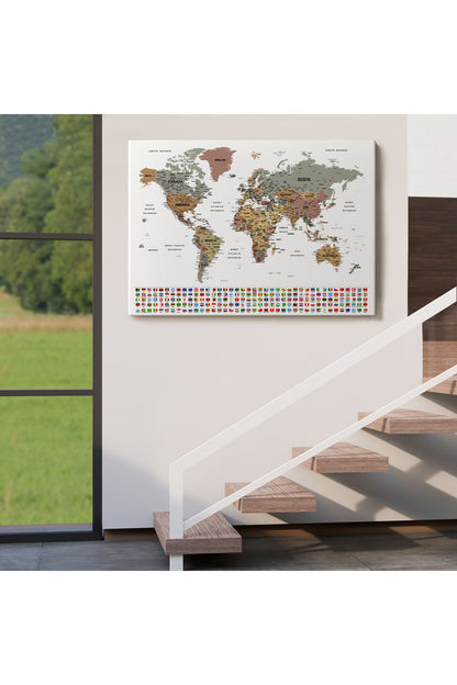 Türkçe Dünya Haritası Son Derece Ayrıntılı Eğitici ve Bayraklı Kanvas Tablo 2809