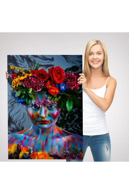 Renkli Çiçek Taçlı Kız Kanvas Tablo-5989
