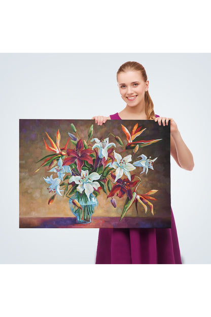 DB Zambak Çiçekleri Yağlıboya Görünüm Dekoratif Kanvas Duvar Tablosu-3602