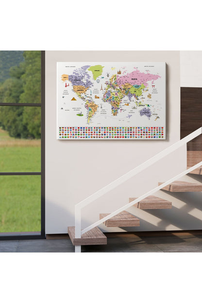 Türkçe Dünya Haritası Ayrıntılı Eğitici Sembollü Bayraklı Dekoratif Kanvas Tablo 2846